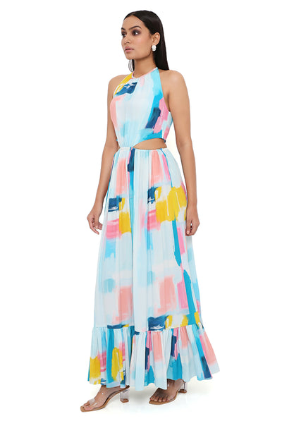 payal singhal Painterly Print Crepe Cut-Out Dress blue online shopping melange singapore indian designer wear