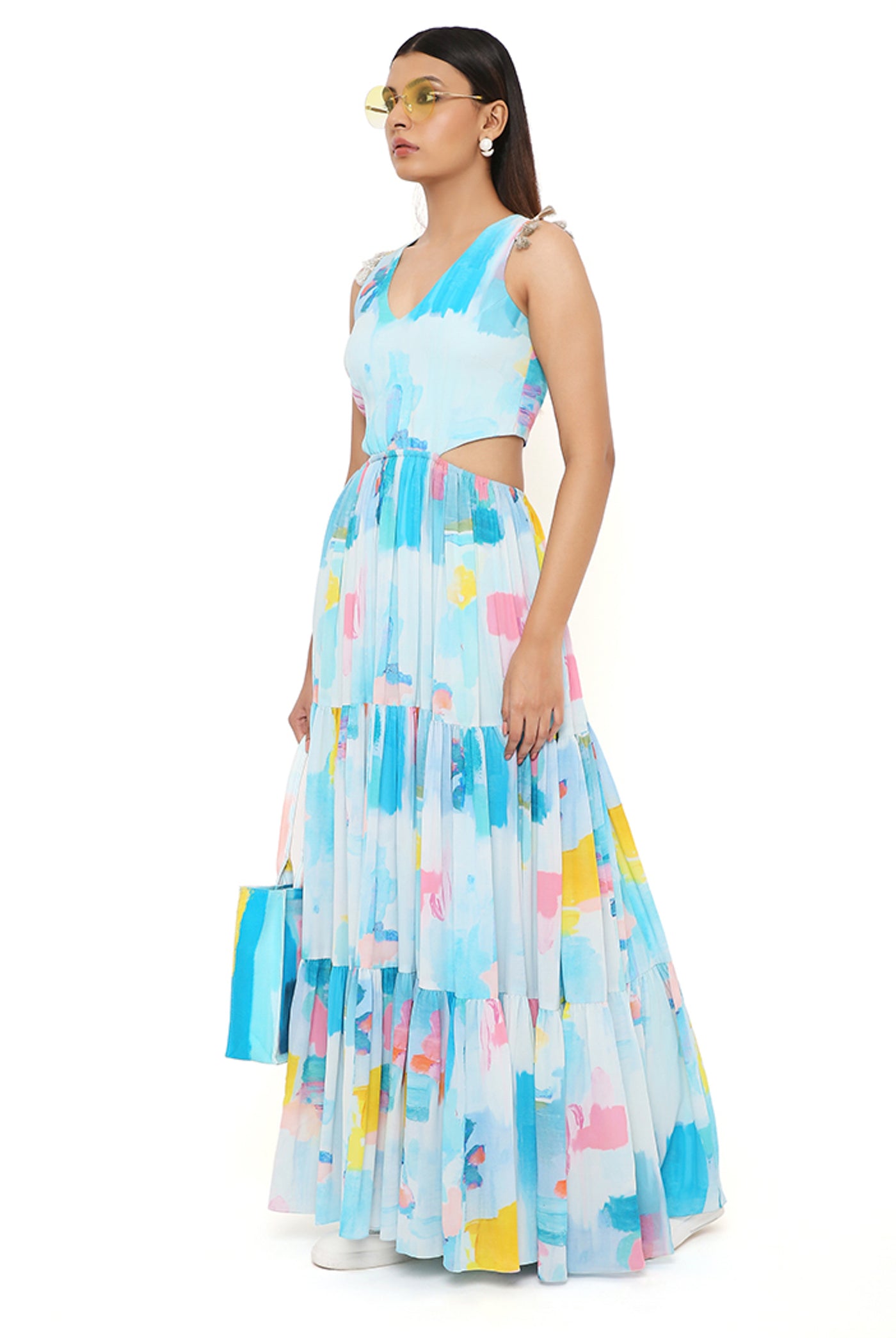 payal singhal Painterly Print Crepe Cut-Out Dress aqua blue online shopping melange singapore indian designer wear