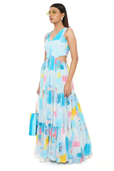 payal singhal Painterly Print Crepe Cut-Out Dress aqua blue online shopping melange singapore indian designer wear