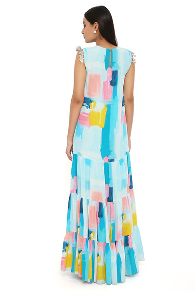 payal singhal Painterly Print Crepe Frill Dress aqua blue online shopping melange singapore indian designer wear