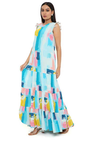 payal singhal Painterly Print Crepe Frill Dress aqua blue online shopping melange singapore indian designer wear