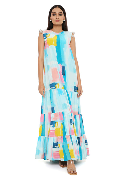 payal singhal Painterly Print Crepe Frill Dress aqua blue online shopping melange singapore indian designer wear