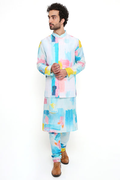 payal singhal menswear Painterly Print Dupion Silk Bandi With Silkmul Kurta And Churidar festive indian designer wear blue online shopping melange singapore