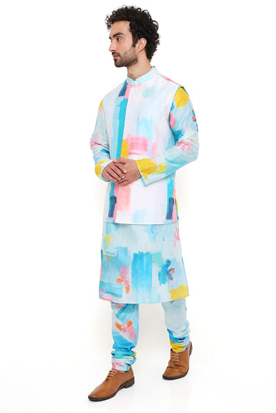 payal singhal menswear Painterly Print Dupion Silk Bandi With Silkmul Kurta And Churidar festive indian designer wear blue online shopping melange singapore