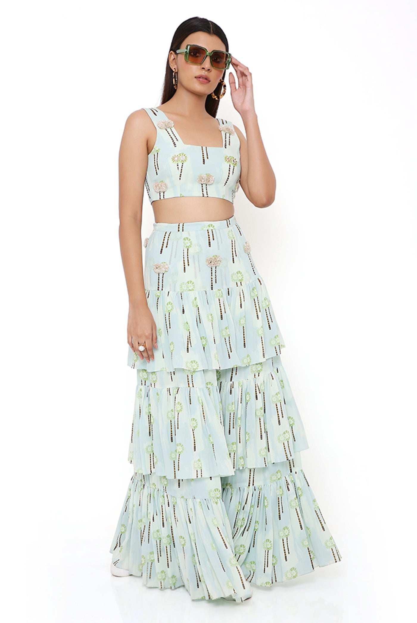 payal singhal Pale Blue Small Palm Georgette Printed Embroidered Top With Embroidered Frill Skirt festive indian designer wear online shopping melange singapore