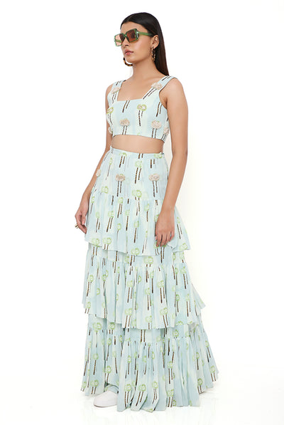 payal singhal Pale Blue Small Palm Georgette Printed Embroidered Top With Embroidered Frill Skirt festive indian designer wear online shopping melange singapore