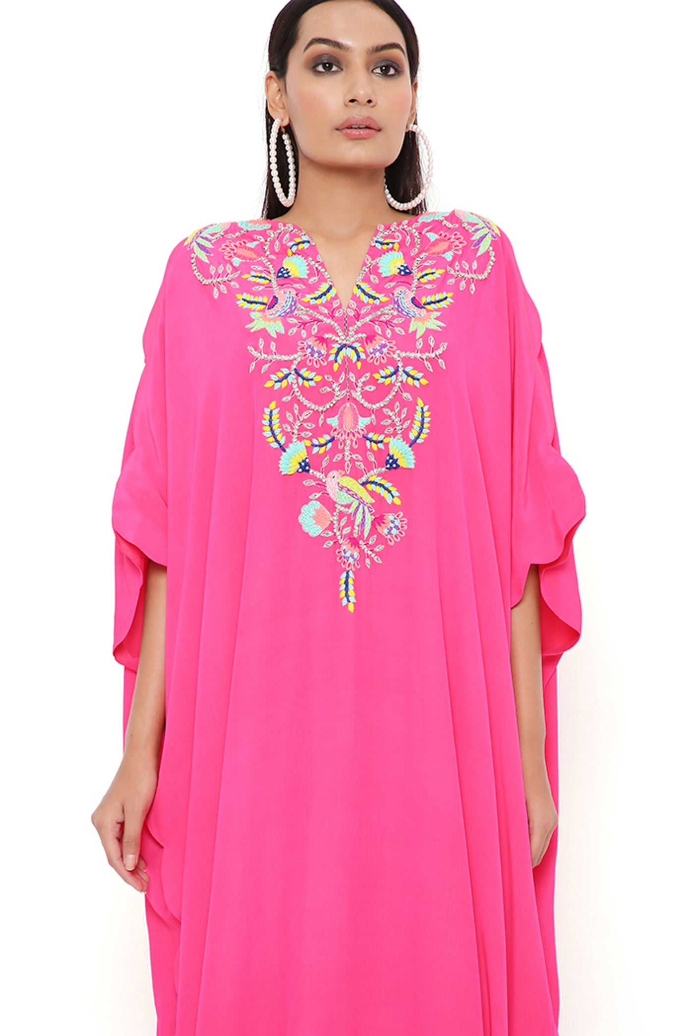 payal singhal Pink Crepe Embroidered Scalloped Kaftan online shopping melange singapore indian designer wear