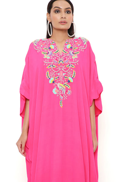 payal singhal Pink Crepe Embroidered Scalloped Kaftan online shopping melange singapore indian designer wear