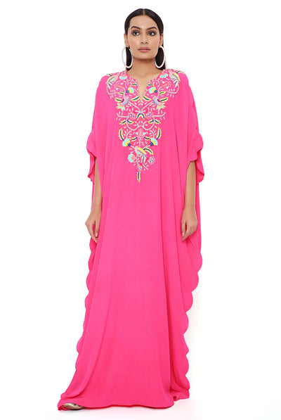 payal singhal Pink Crepe Embroidered Scalloped Kaftan online shopping melange singapore indian designer wear