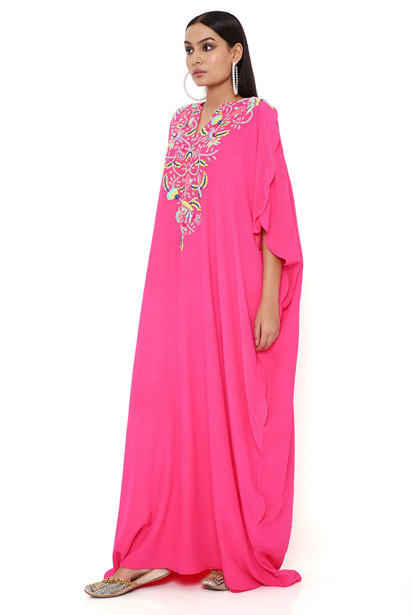 payal singhal Pink Crepe Embroidered Scalloped Kaftan online shopping melange singapore indian designer wear