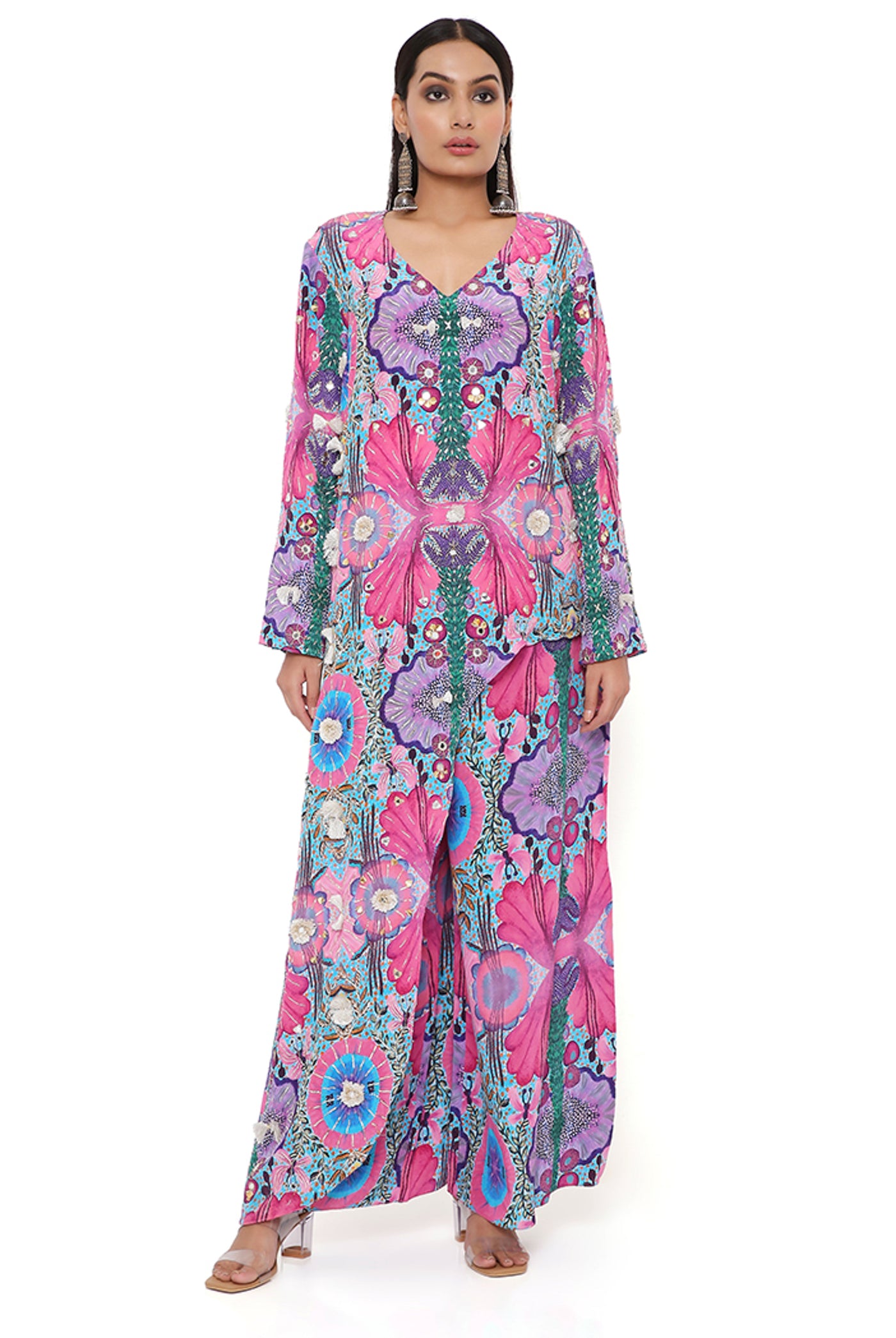 payal singhal Pink Enchanted Print Crepe Embroidered Kurta With Cropped Palazzo online shopping melange singapore indian designer wear