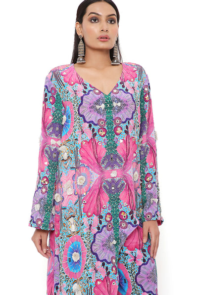 payal singhal Pink Enchanted Print Crepe Embroidered Kurta With Cropped Palazzo online shopping melange singapore indian designer wear