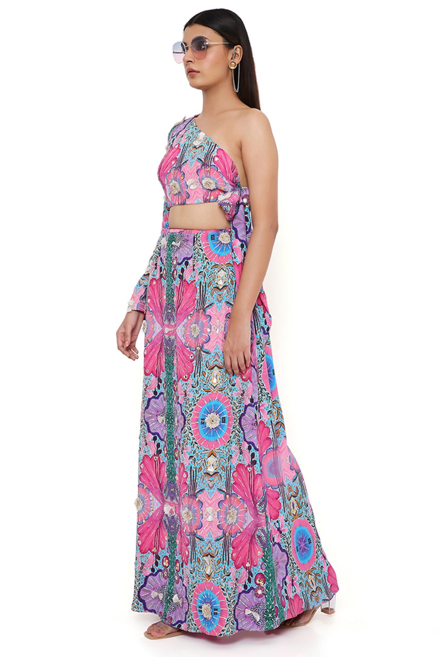payal singhal Pink Enchanted Print Crepe Embroidered Side Tie-Up Choli With Skirt online shopping melange singapore indian designer wear
