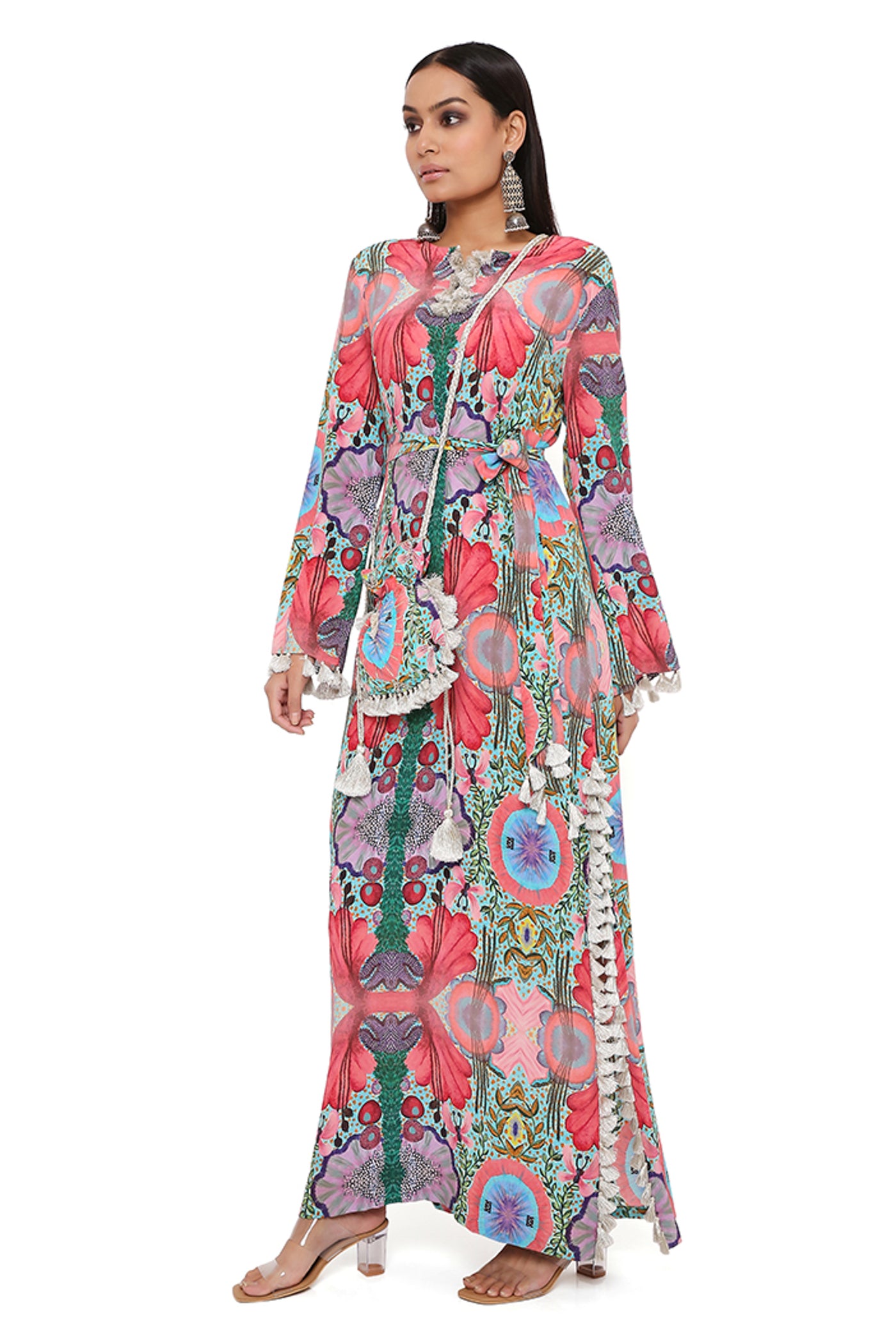 payal singhal Pink Enchanted Print Crepe Long Beyza Kaftan pink online shopping melange singapore indian designer wear