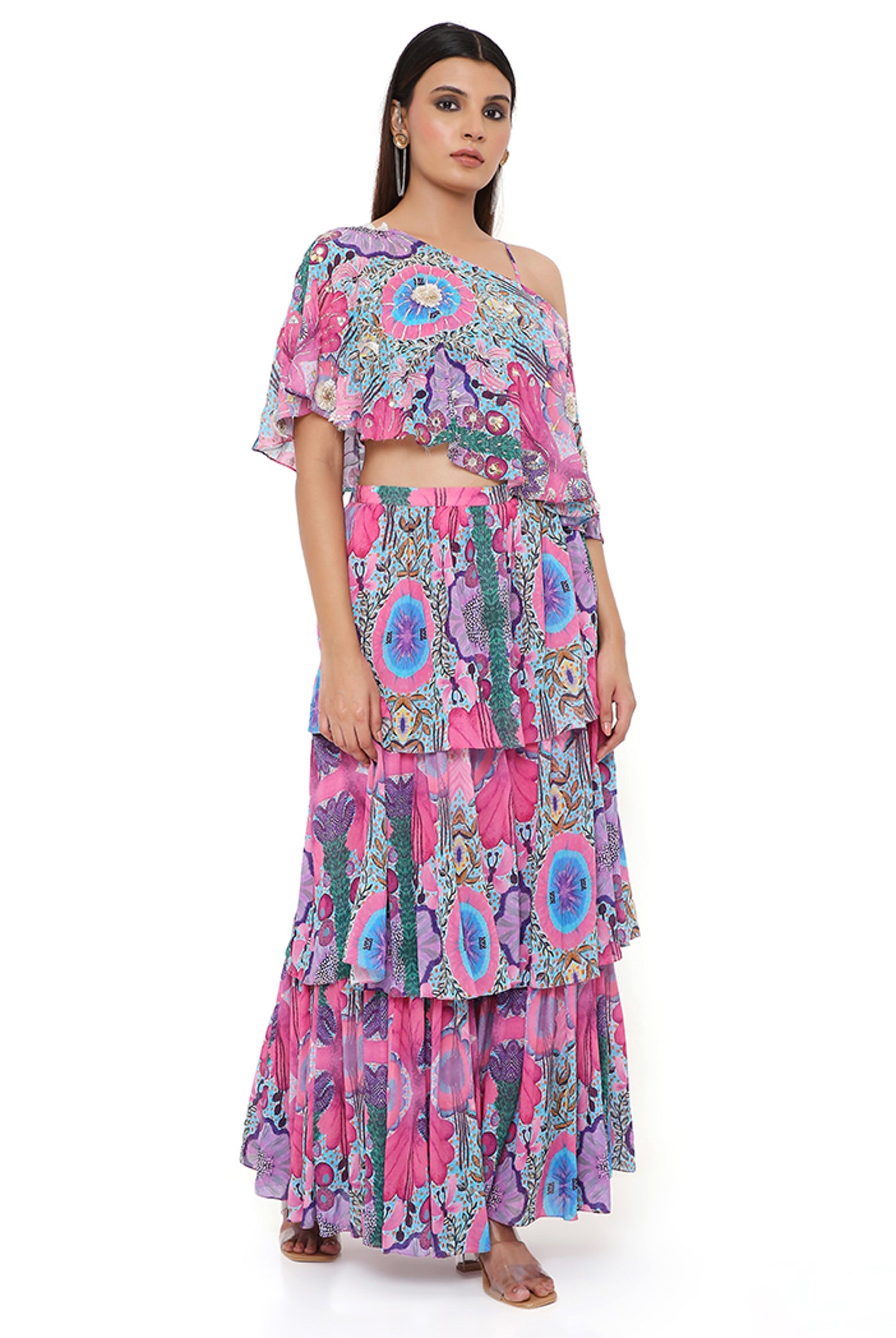 payal singhal Pink Enchanted Print Georgette Embroidered One Shoulder Cape With A Bustier And Frill Sharara festive indian designer wear online shopping melange singapore