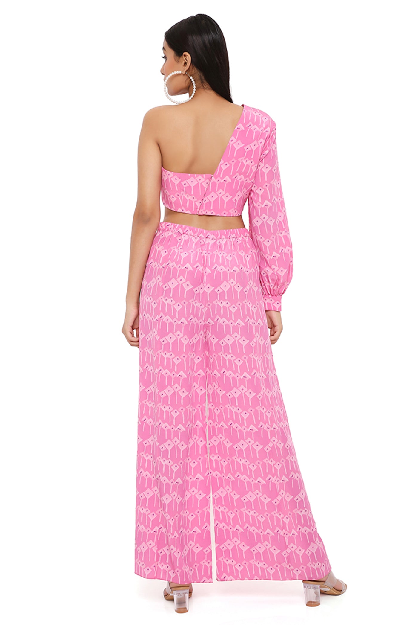 payal singhal Pink Kite Print Crepe One Shoulder Top With Palazzo festive indian designer wear online shopping melange singapore
