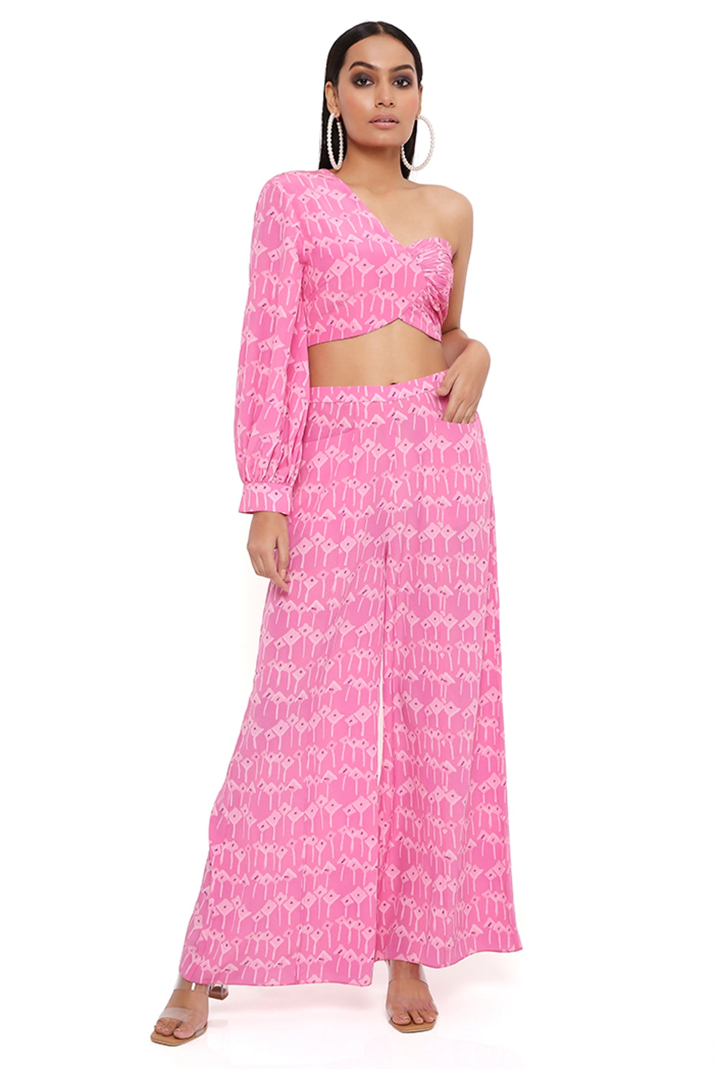 payal singhal Pink Kite Print Crepe One Shoulder Top With Palazzo festive indian designer wear online shopping melange singapore