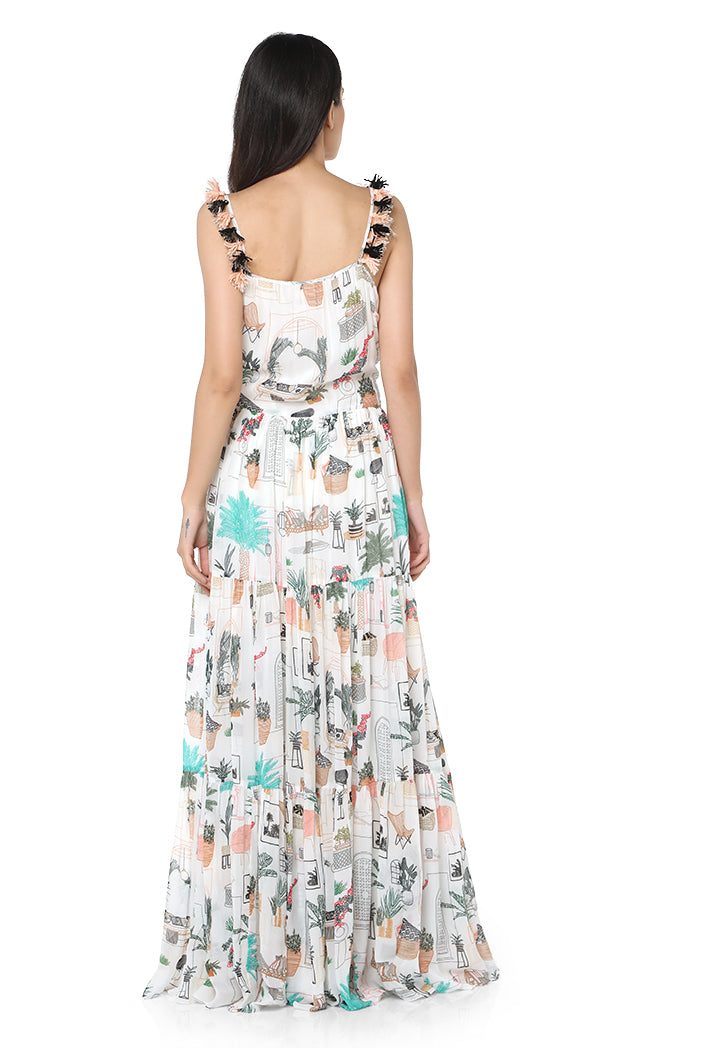 Payal Singhal - White Printed Long Tiered Dress - Melange Singapore - Indian Designer Wear Online Shopping