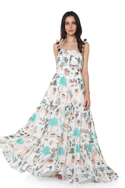 Payal Singhal - White Printed Long Tiered Dress - Melange Singapore - Indian Designer Wear Online Shopping