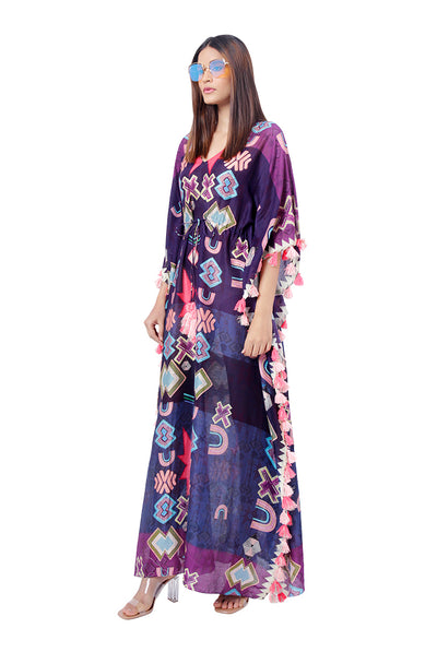 Payal Singhal - Purple Colour Printed Silkmul Kaftaan - Indian Designer Wear Online Shopping