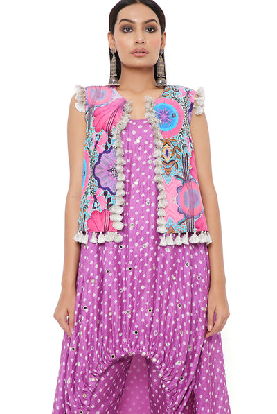 payal singhal Purple Bandhani Silk Embroidered High Low Kurta With Jogger Pants And Pink Enchanted Print Crepe Jacket festive indian designer wear online shopping melange singapore