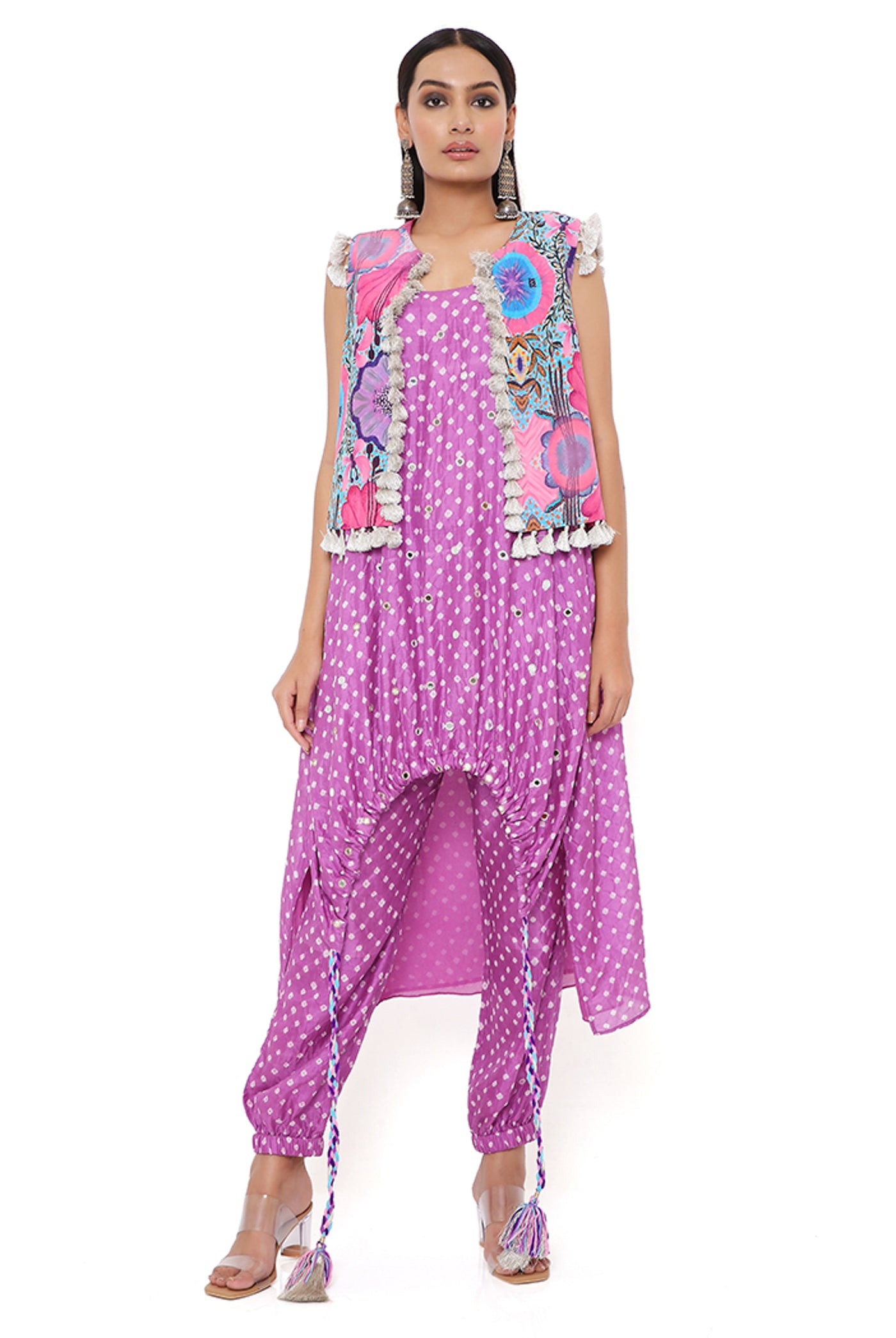 payal singhal Purple Bandhani Silk Embroidered High Low Kurta With Jogger Pants And Pink Enchanted Print Crepe Jacket festive indian designer wear online shopping melange singapore