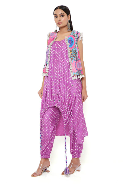 payal singhal Purple Bandhani Silk Embroidered High Low Kurta With Jogger Pants And Pink Enchanted Print Crepe Jacket festive indian designer wear online shopping melange singapore
