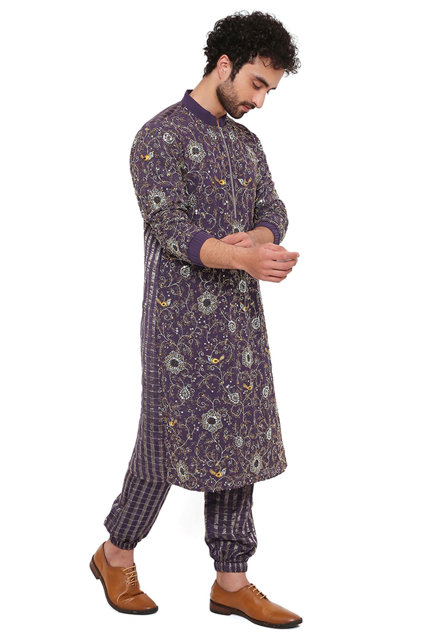 payal singhal menswear Purple Embroidered Georgette And Chanderi Stripe Kurta Set festive indian designer wear online shopping melange singapore