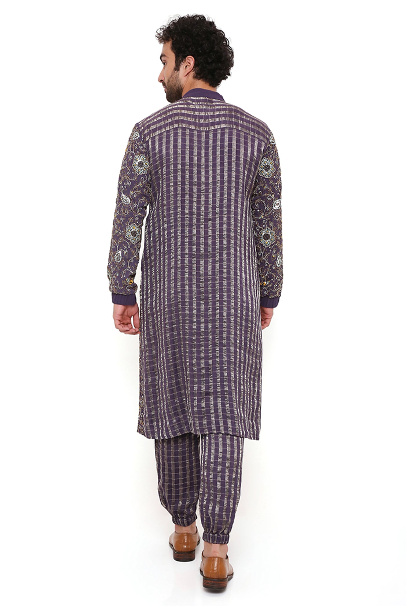 payal singhal menswear Purple Embroidered Georgette And Chanderi Stripe Kurta Set festive indian designer wear online shopping melange singapore