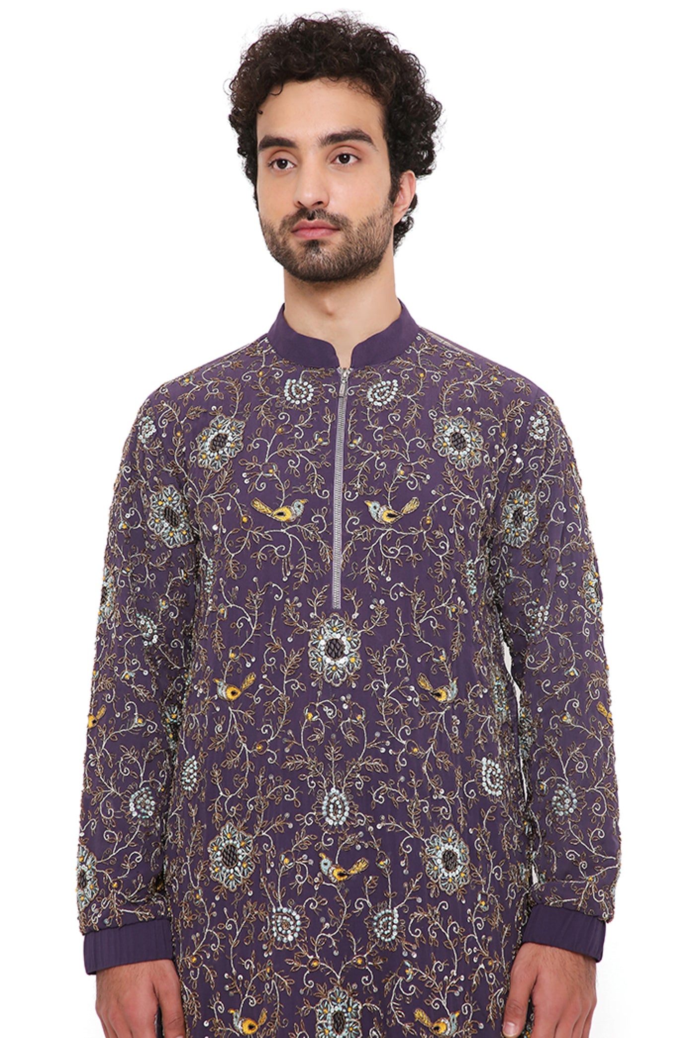 payal singhal menswear Purple Embroidered Georgette And Chanderi Stripe Kurta Set festive indian designer wear online shopping melange singapore