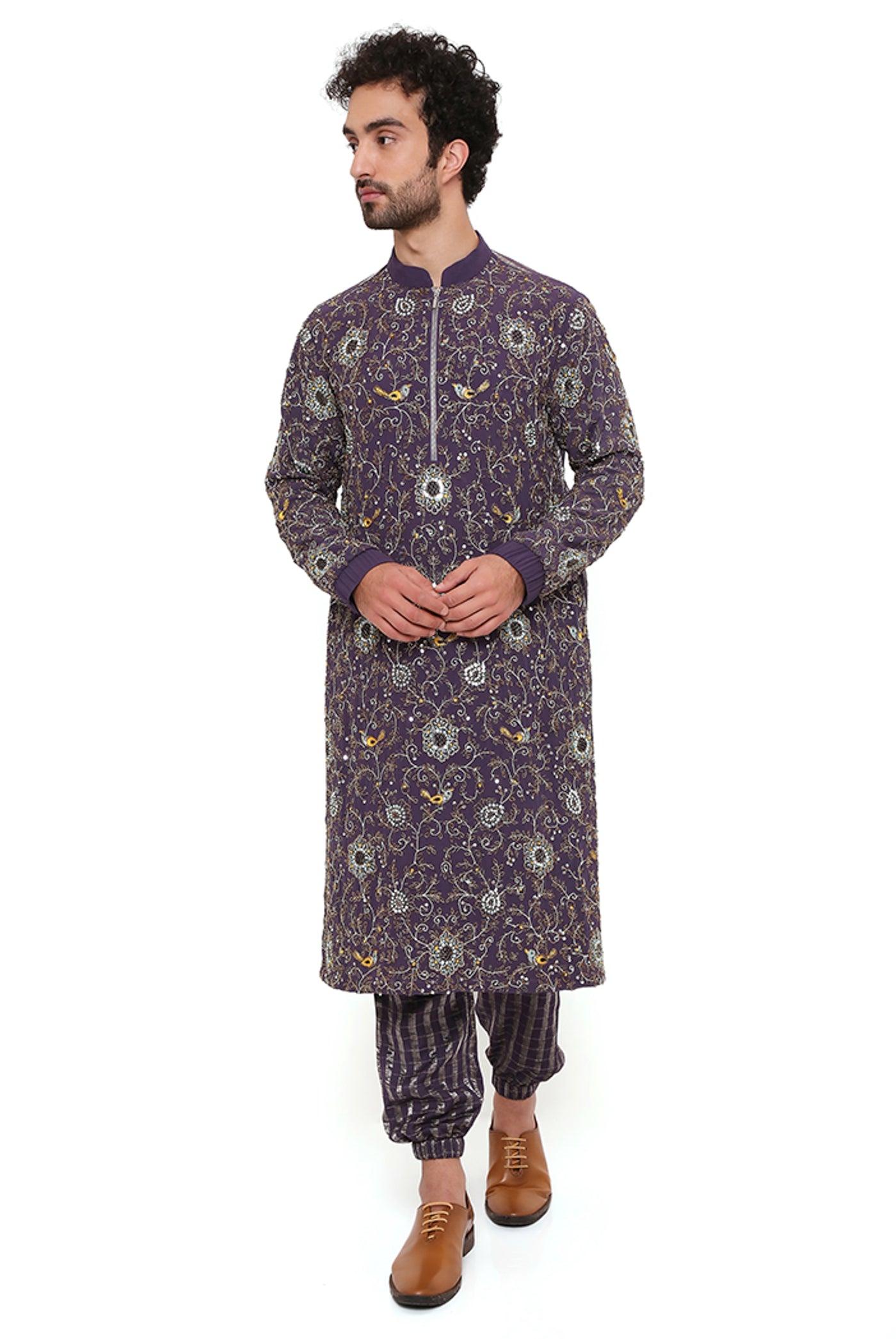 payal singhal menswear Purple Embroidered Georgette And Chanderi Stripe Kurta Set festive indian designer wear online shopping melange singapore