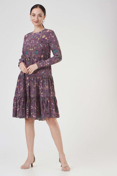 PayaL Singhal Purple Forest Print Crepe Frill Hem Tunic purple indian designer wear online shopping melange singapore