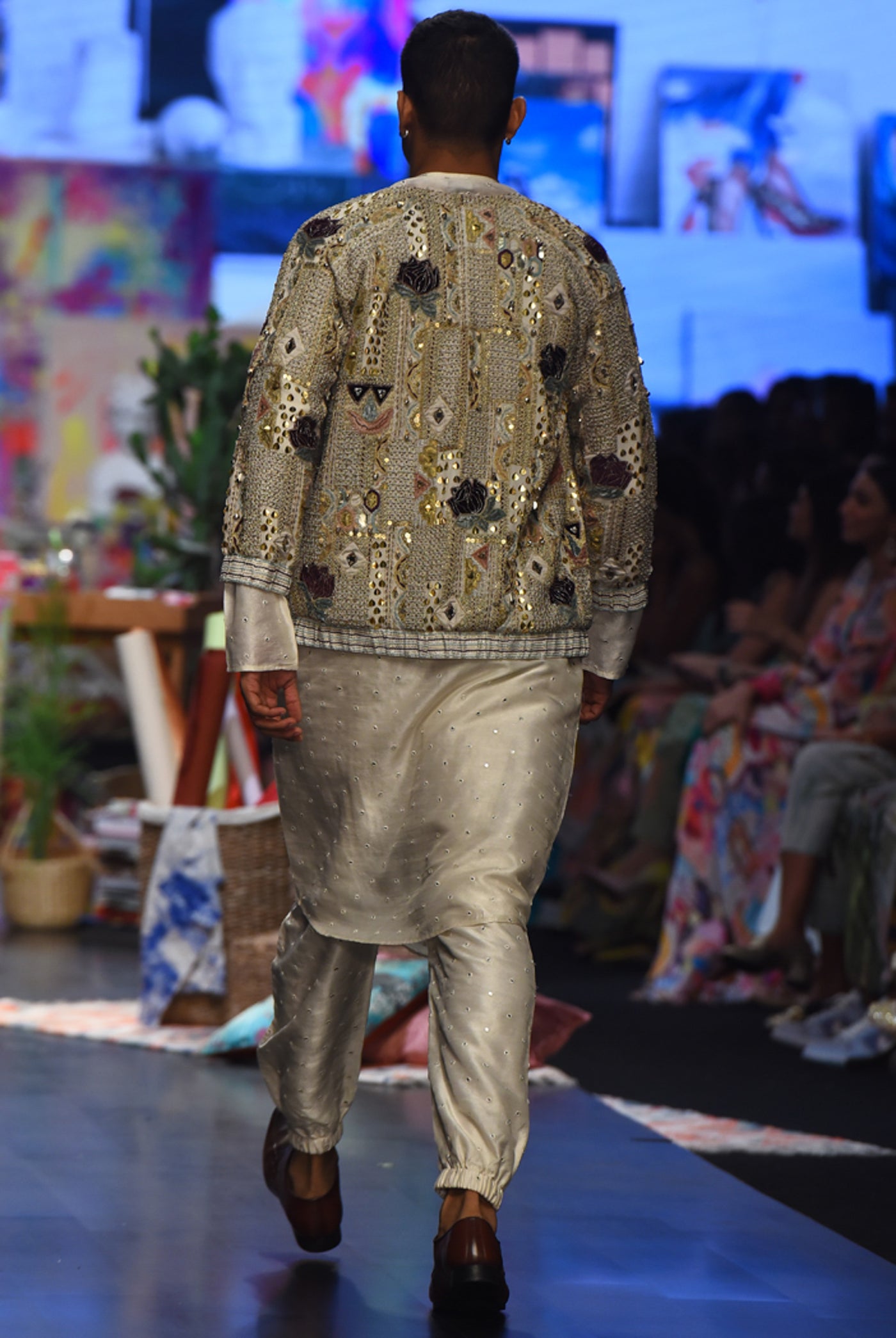 Payal singhal menswear Raj Off White Georgette Lotus Embroidered Bomber Jacket Set festive indian designer wear online shopping melange singapore