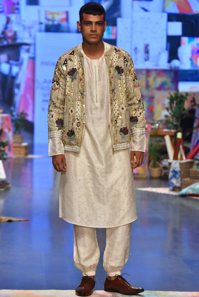 Payal singhal menswear Raj Off White Georgette Lotus Embroidered Bomber Jacket Set festive indian designer wear online shopping melange singapore