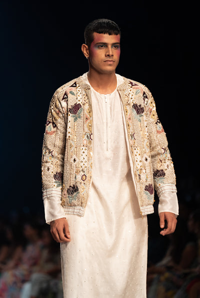 Payal singhal menswear Raj Off White Georgette Lotus Embroidered Bomber Jacket Set festive indian designer wear online shopping melange singapore