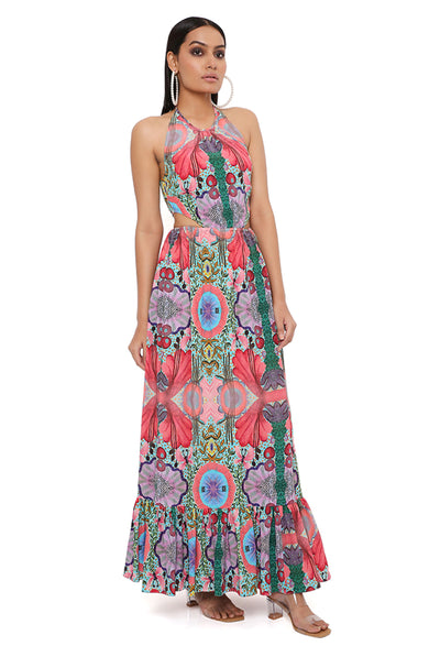 payal singhal Red Enchanted Print Crepe Cut-Out Dress online shopping melange singapore indian designer wear