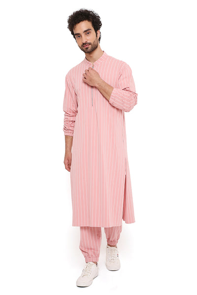 payal singhal menswear Rose Pink Lycra Stripe Bomber Kurta With Jogger Pants festive indian designer wear online shopping melange singapore