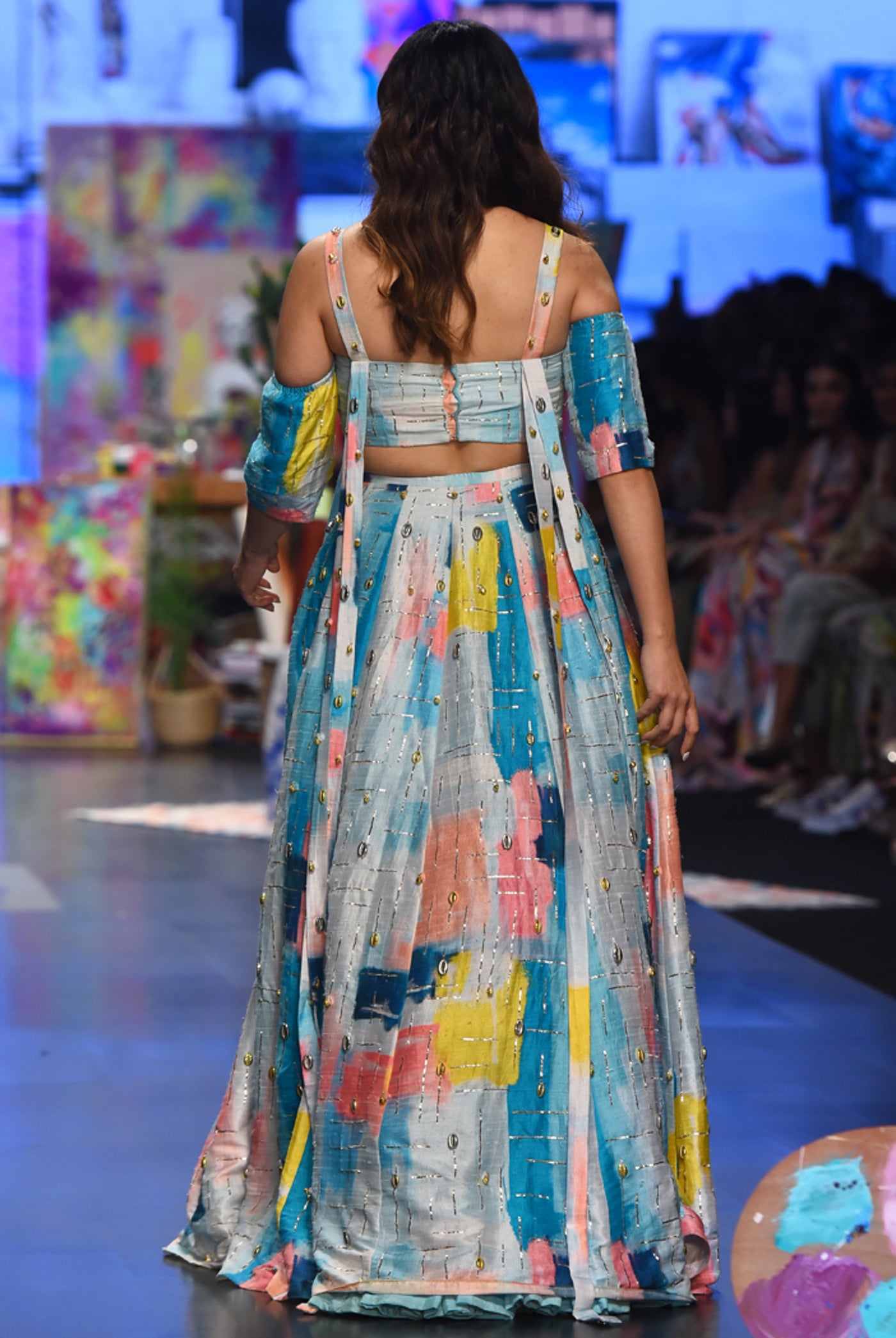 payal singhal Sandro Painterly Dupion Silk Printed Embroidered Top With Lehenga blue festive fusion indian designer wear online shopping melange singapore