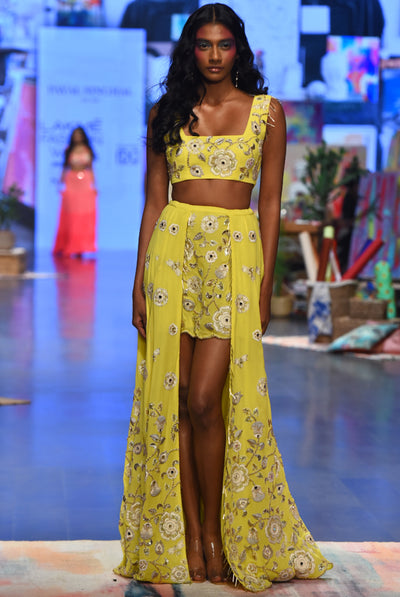payal singhal Sarah Yellow Georgette Embroidered Top And Skirt Mukaish Net Dupatta fetsive fusion indian designer wear online shopping melange singapore
