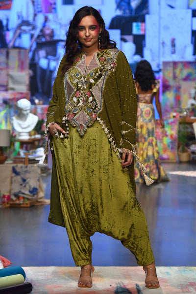 payal singhal Shirin Olive Crepe Embroidered High Low Kaftan And Velvet Low Crotch Pants festive fusion indian designer wear online shopping melange singapore