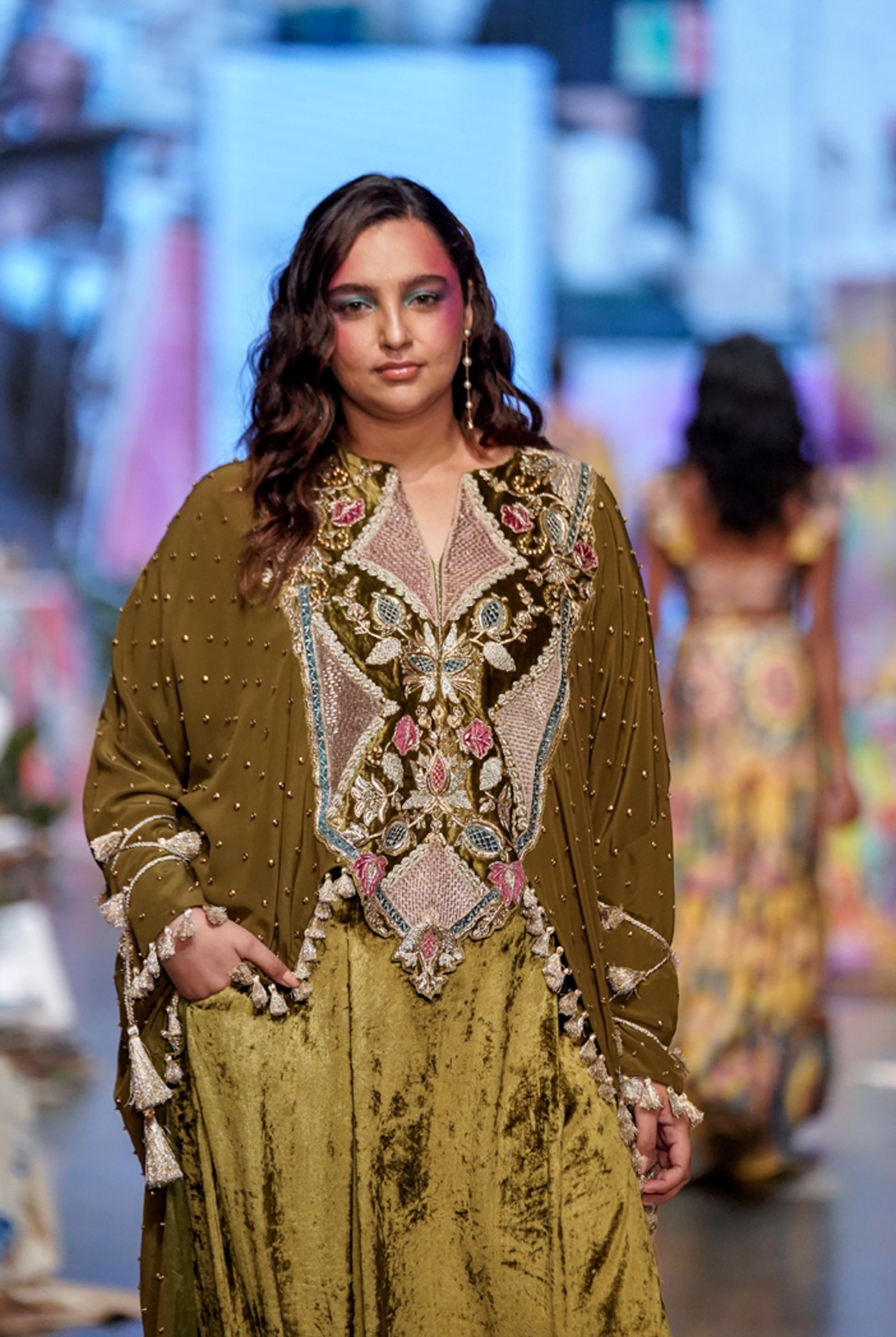 payal singhal Shirin Olive Crepe Embroidered High Low Kaftan And Velvet Low Crotch Pants festive fusion indian designer wear online shopping melange singapore