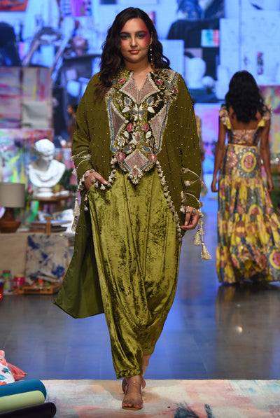 payal singhal Shirin Olive Crepe Embroidered High Low Kaftan And Velvet Low Crotch Pants festive fusion indian designer wear online shopping melange singapore