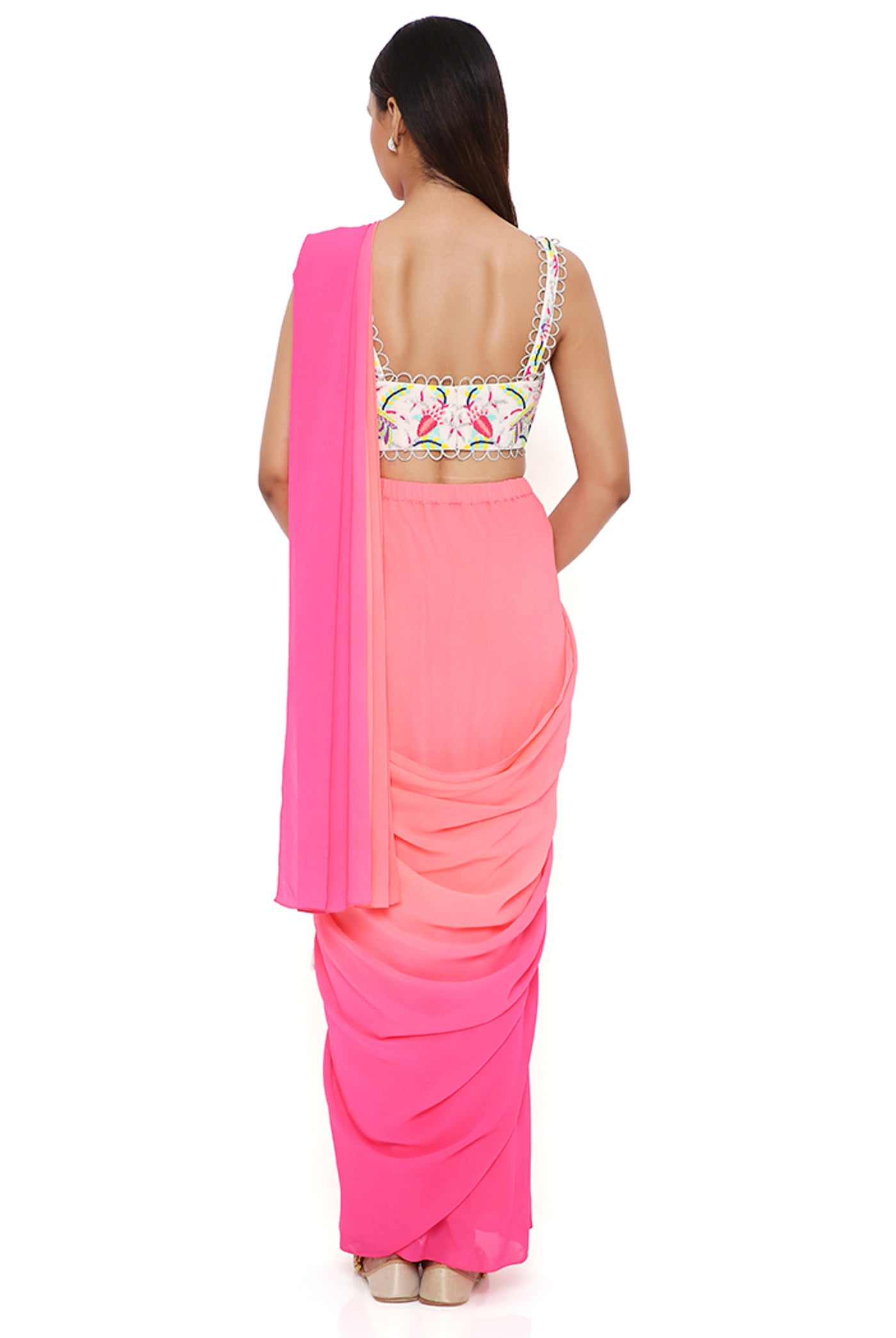 payal singhal Stone Georgette Embroidered Bustier With Coral And Pink Georgette Shaded Saree festive indian designer wear online shopping melange singapore