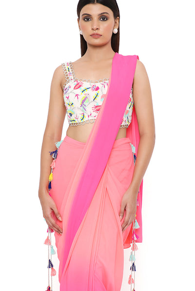 payal singhal Stone Georgette Embroidered Bustier With Coral And Pink Georgette Shaded Saree festive indian designer wear online shopping melange singapore