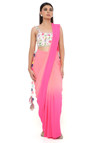 payal singhal Stone Georgette Embroidered Bustier With Coral And Pink Georgette Shaded Saree festive indian designer wear online shopping melange singapore