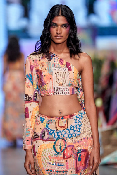 payal singhal Tamara Trance Crepe Print Embroidered Side Tie-Up Choli With A Skirt festive indian designer wear online shopping melange singapore