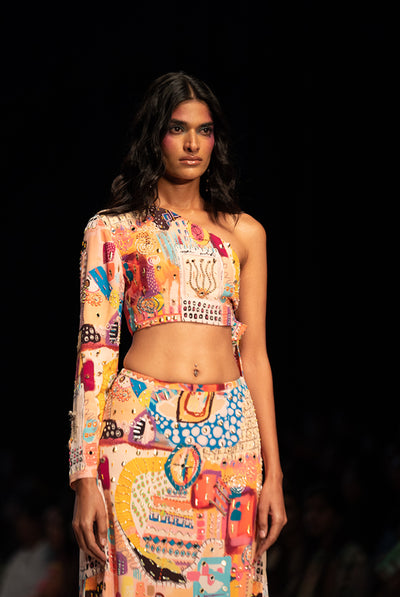 payal singhal Tamara Trance Crepe Print Embroidered Side Tie-Up Choli With A Skirt festive indian designer wear online shopping melange singapore