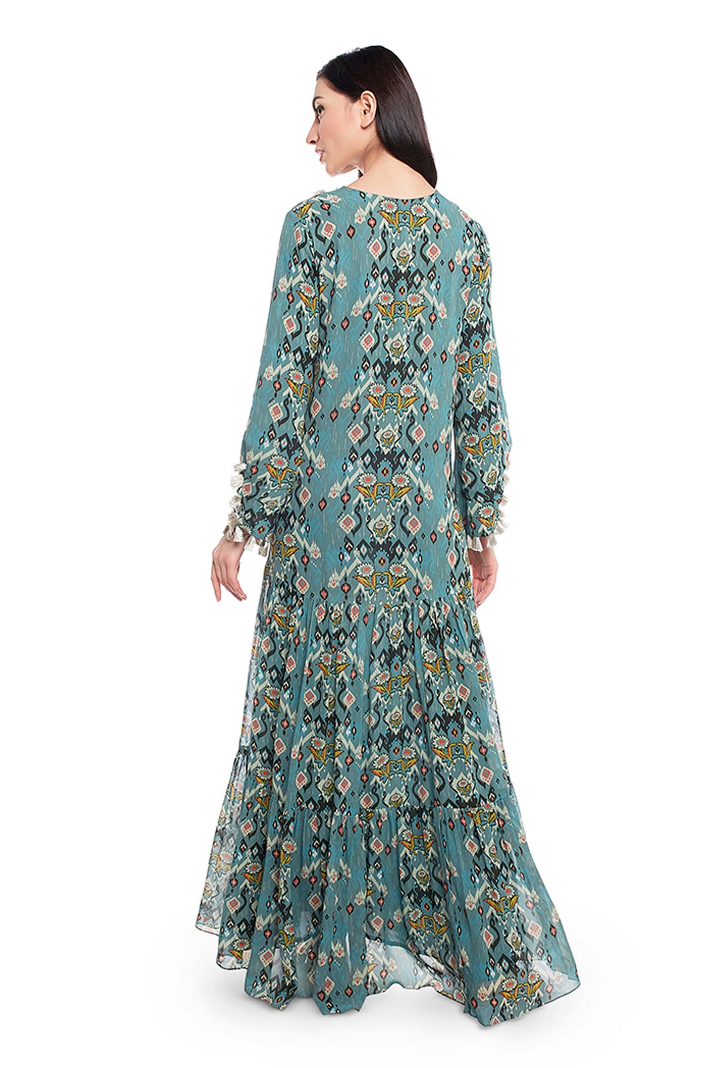 Payal Singhal Blue Colour Printed Art Georgette Tiered Dress indian designer wear womenswear online shopping melange singapore