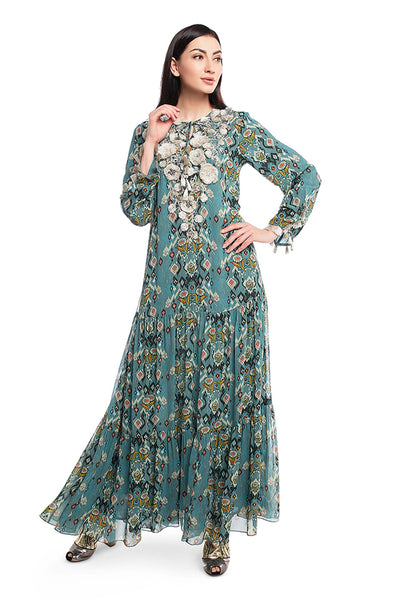 Payal Singhal Blue Colour Printed Art Georgette Tiered Dress indian designer wear womenswear online shopping melange singapore