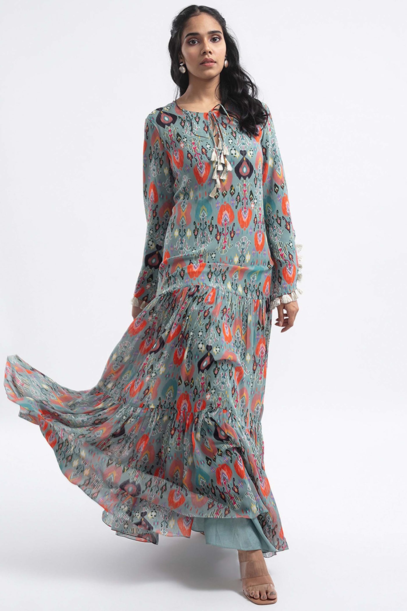 Blue Colour Printed Art Georgette Tiered Dress